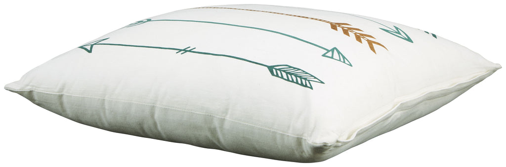 Gyldan pillow lying angled, white with teal and gold arrow leaf print