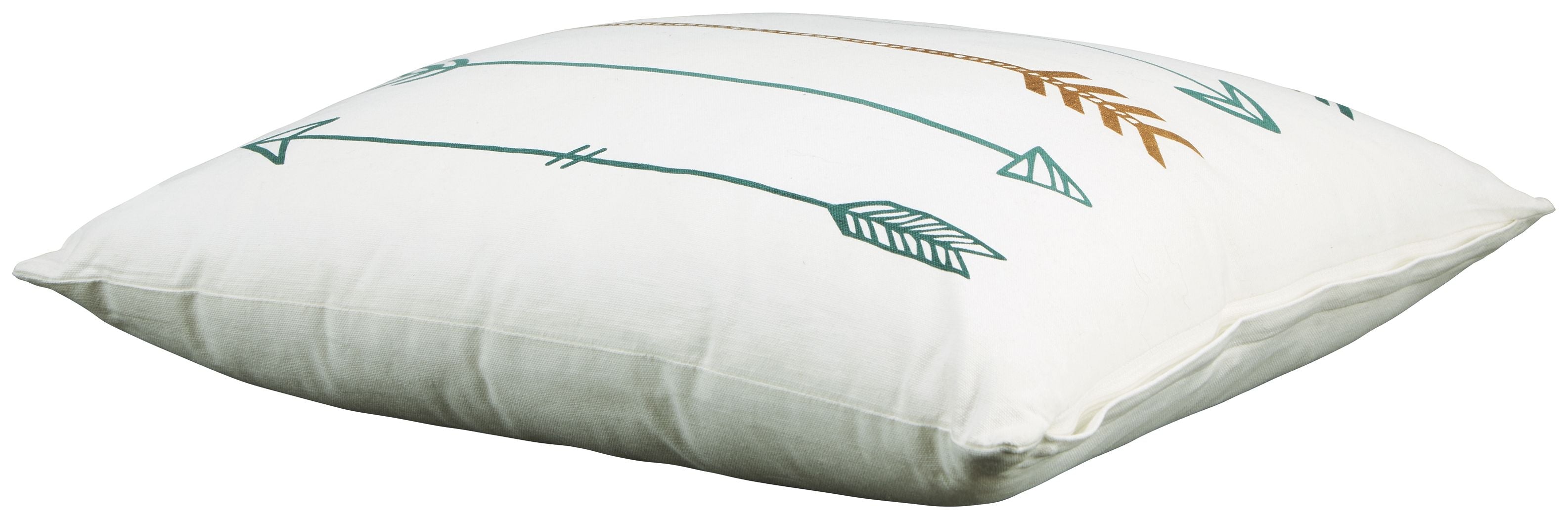 Gyldan pillow lying angled, white with teal and gold arrow leaf print