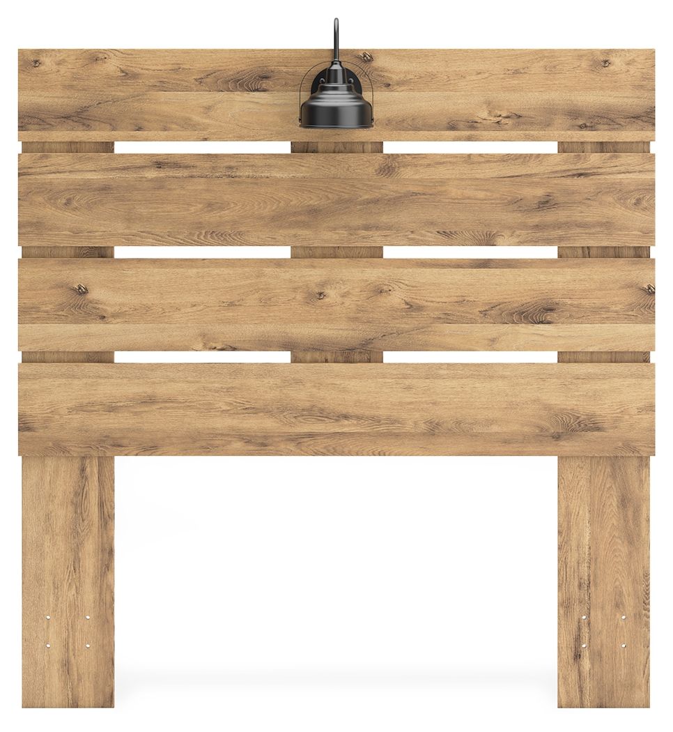 Brown wood full panel headboard with centered horizontal slat pattern and sturdy legs