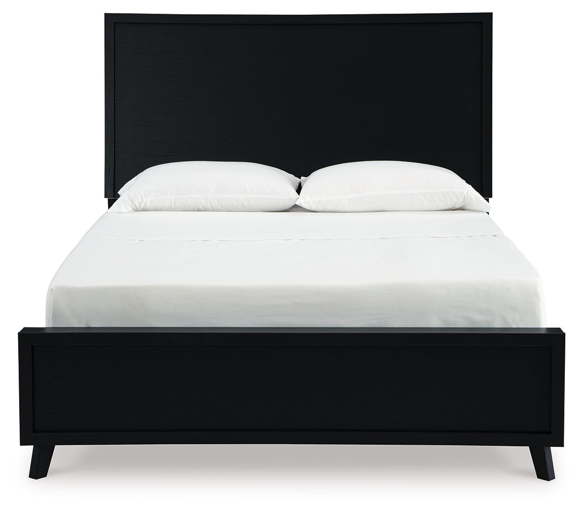 Black panel bed with tall headboard, white fitted mattress, two white pillows