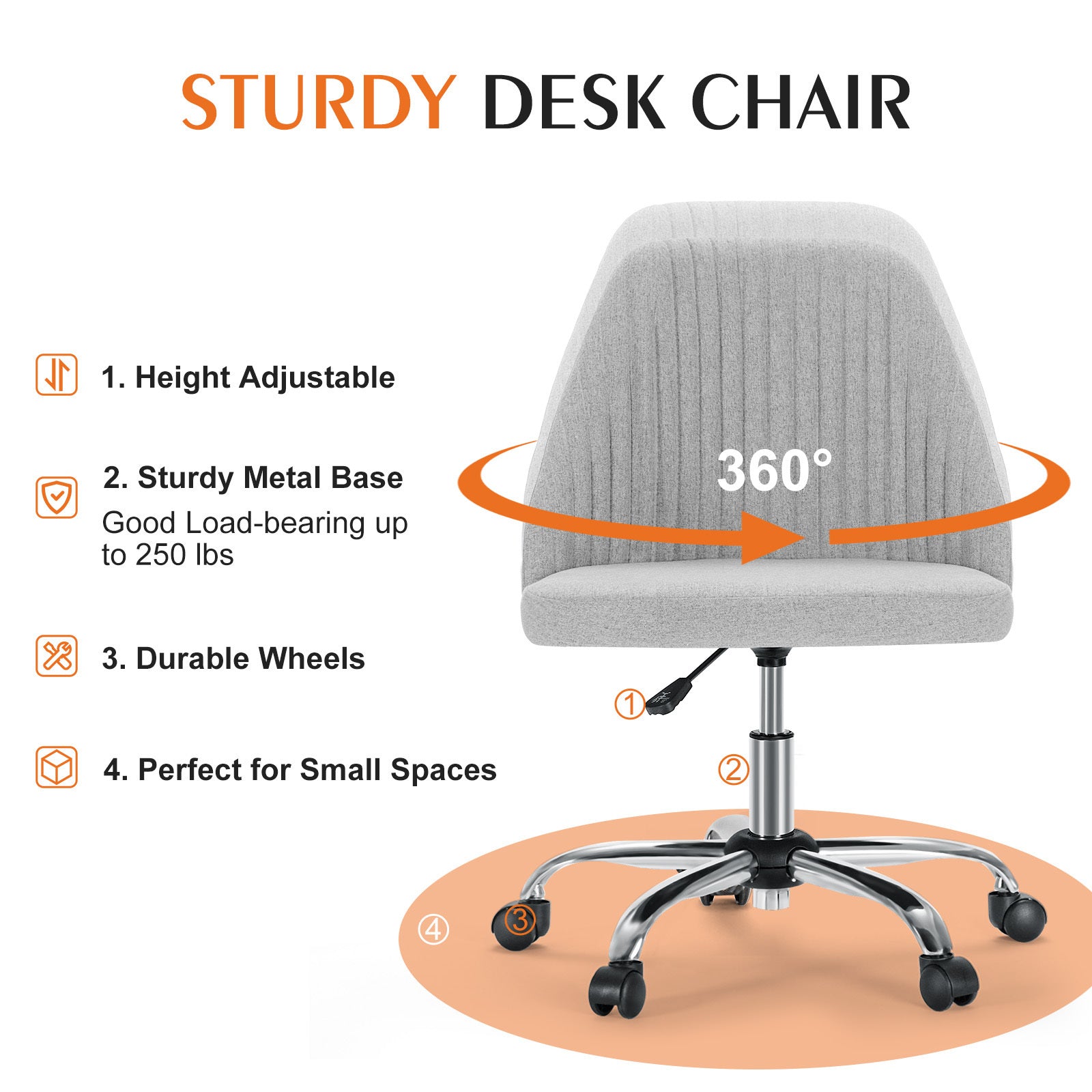 Armless Office Desk Chair - Adjustable Swivel Task Chair