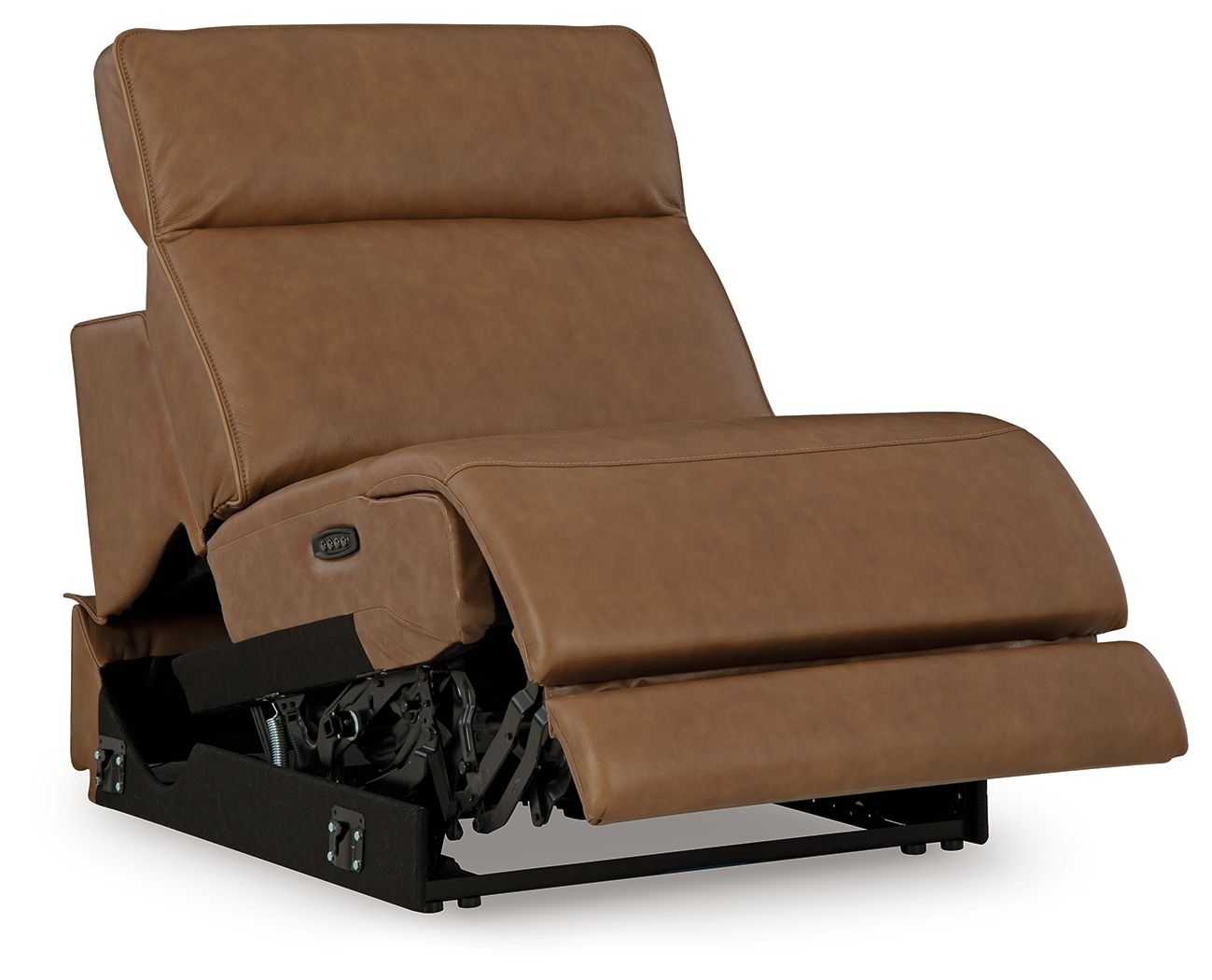 Caramel power armless recliner with adjustable headrest, power base and footrest visible