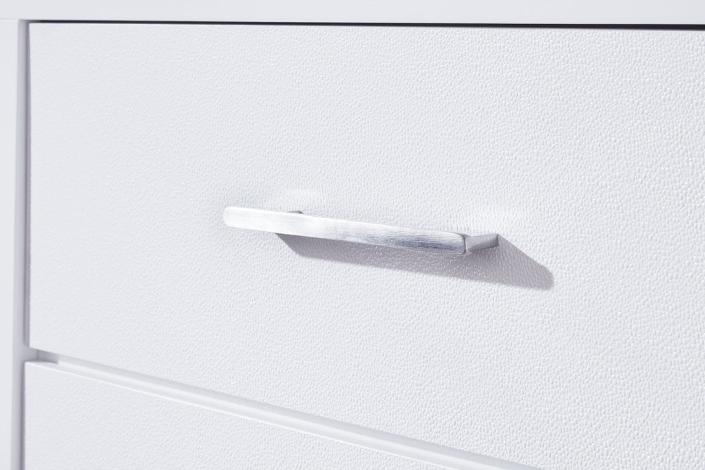 White dresser drawer with silver bar handle and smooth panel finish