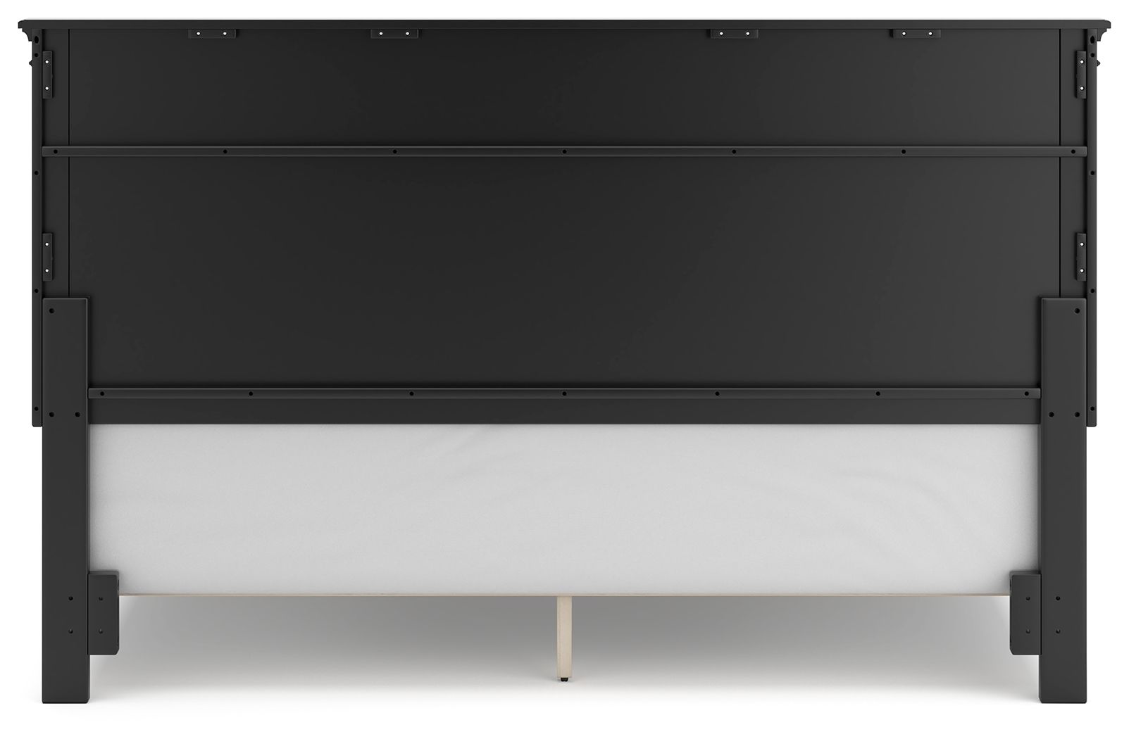 Black panel bed front panel with slat base underneath and no drawers visible.