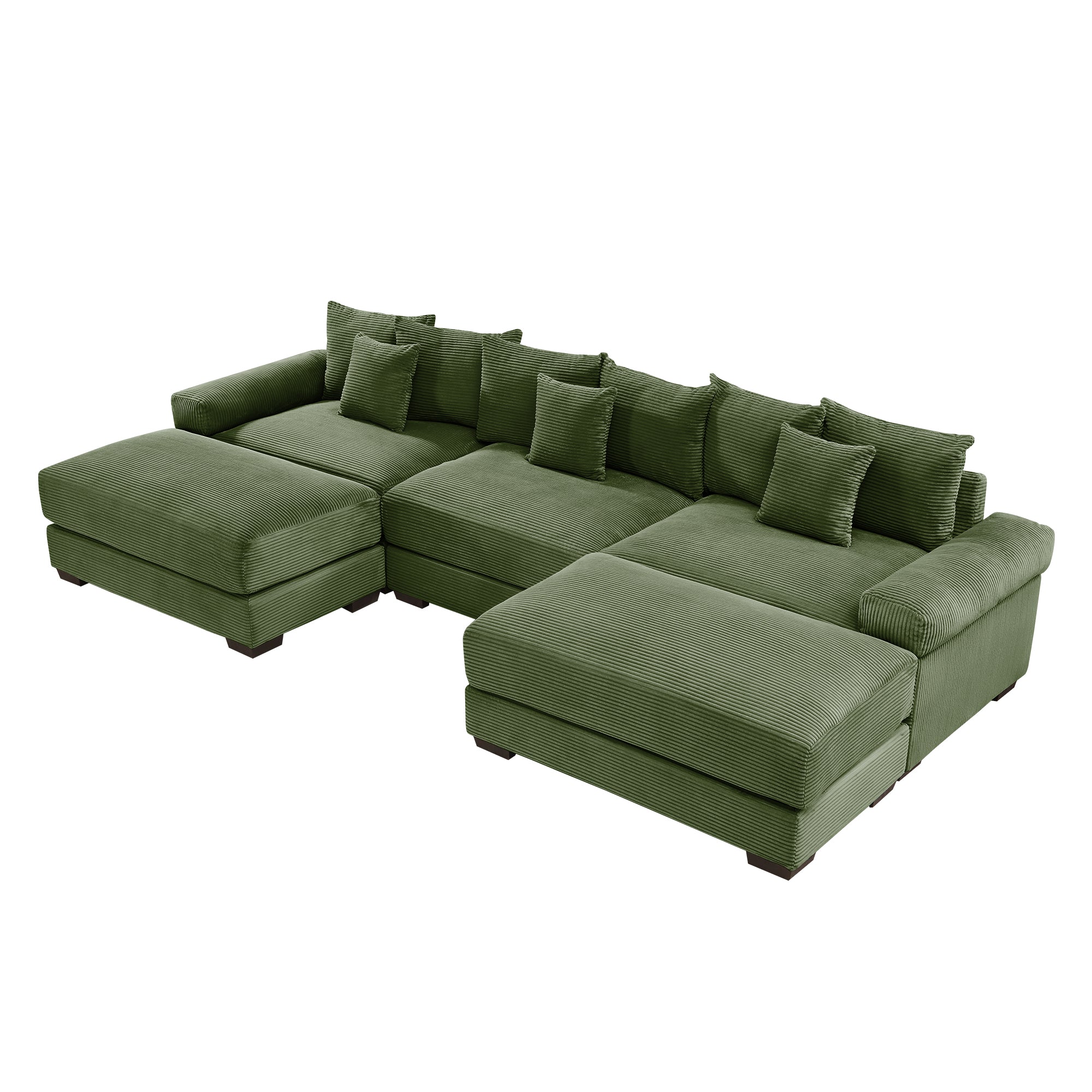 Green corduroy modular sectional sofa with chaise-style ottoman and back pillows