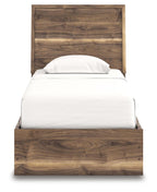 Dark brown panel headboard and storage bed frame with white bedding
