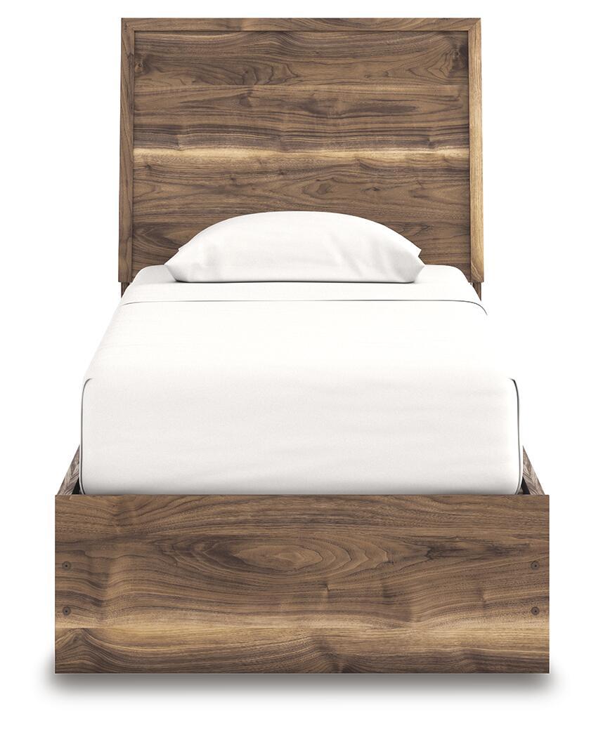 Dark brown panel headboard and storage bed frame with white bedding