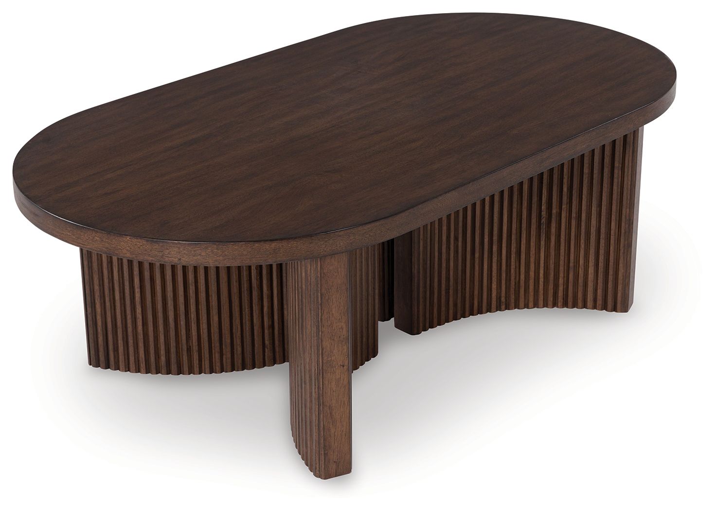 Oval dark brown cocktail table with curved tabletop, ribbed sides, and center leg