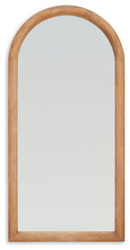 Brown arched floor mirror with wood border and reflective glass