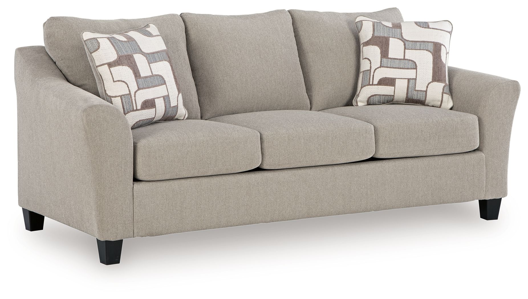 Taupe upholstered loveseat with two central back cushions, geometric patterned pillows