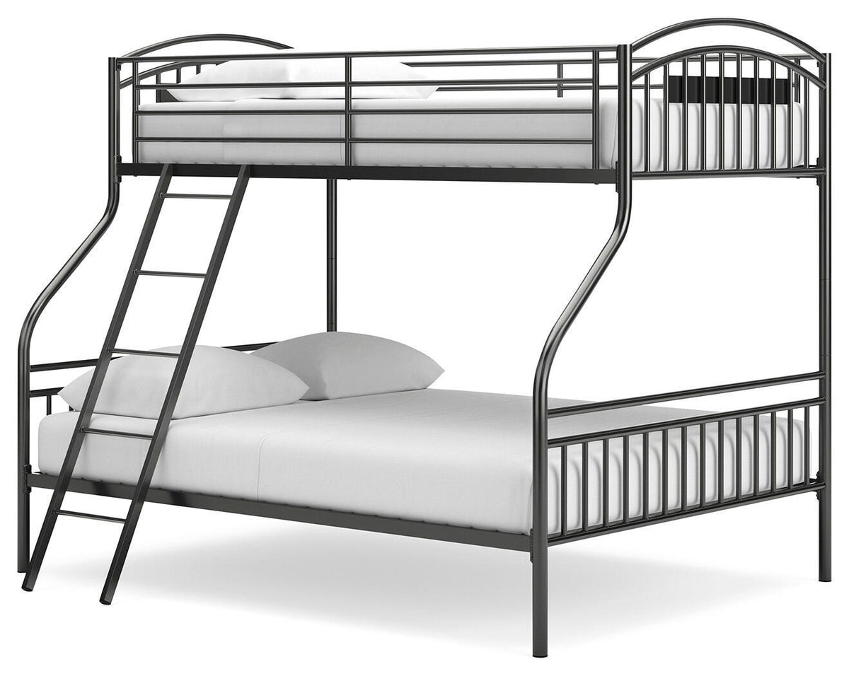 Dark gray bunk bed with ladder, guardrails, and white mattress with pillows
