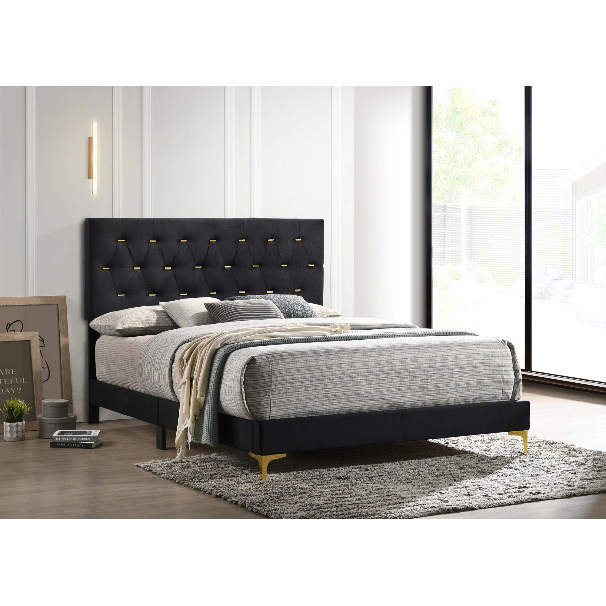 Black Gold Diamond Tufted California King Panel Bed