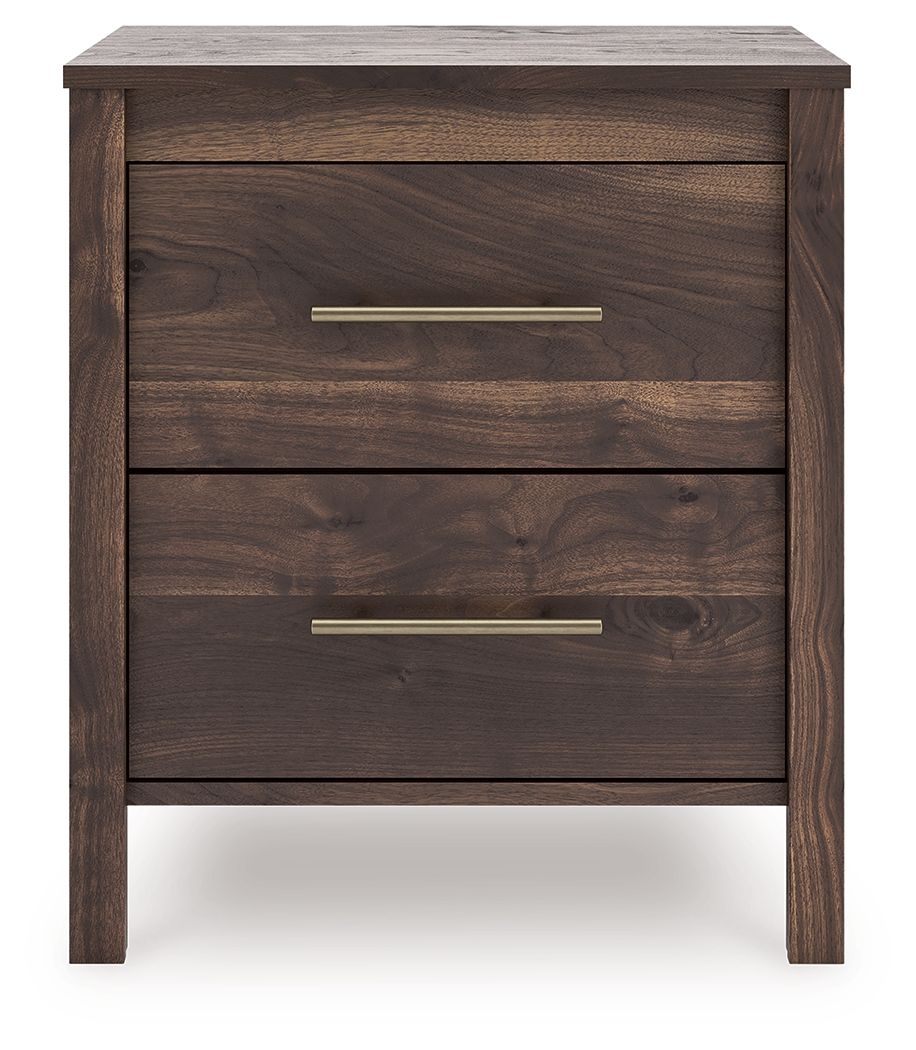 Calverson Night Stand in light brown wood with two drawers and brass bar pulls
