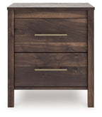 Calverson Night Stand in light brown wood with two drawers and brass bar pulls