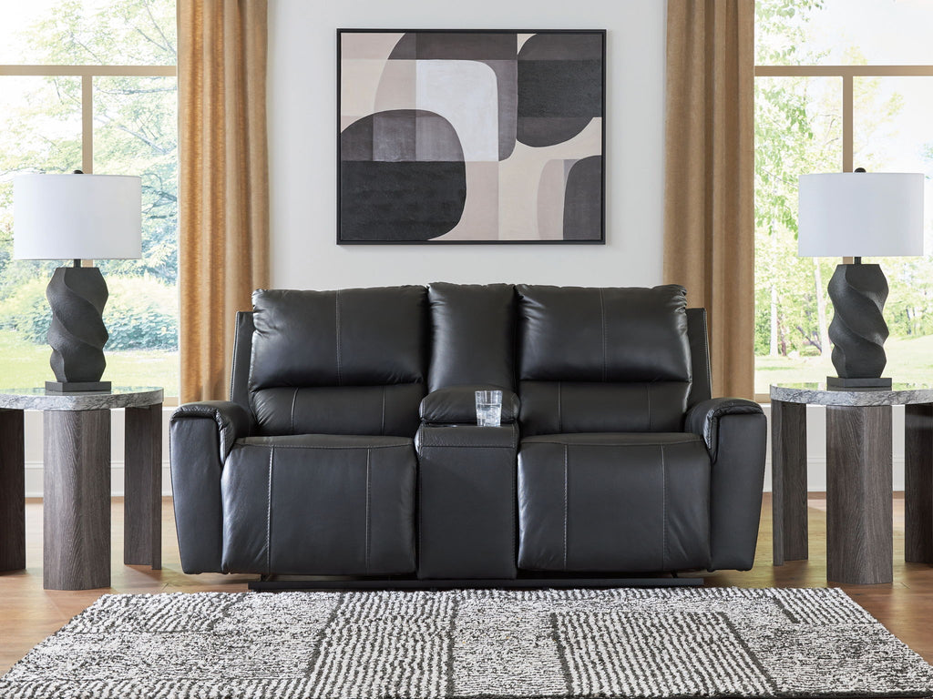Black reclining loveseat with console and padded back cushions