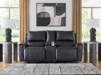 Black reclining loveseat with console and padded back cushions