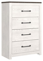 Four-drawer chest, whitewashed wood with dark metal bar handles and flat top.