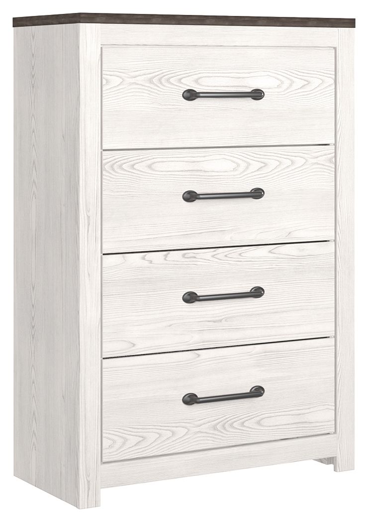 Four-drawer chest, whitewashed wood with dark metal bar handles and flat top.