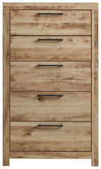 Tan brown five-drawer chest front with five horizontal metal bar pulls