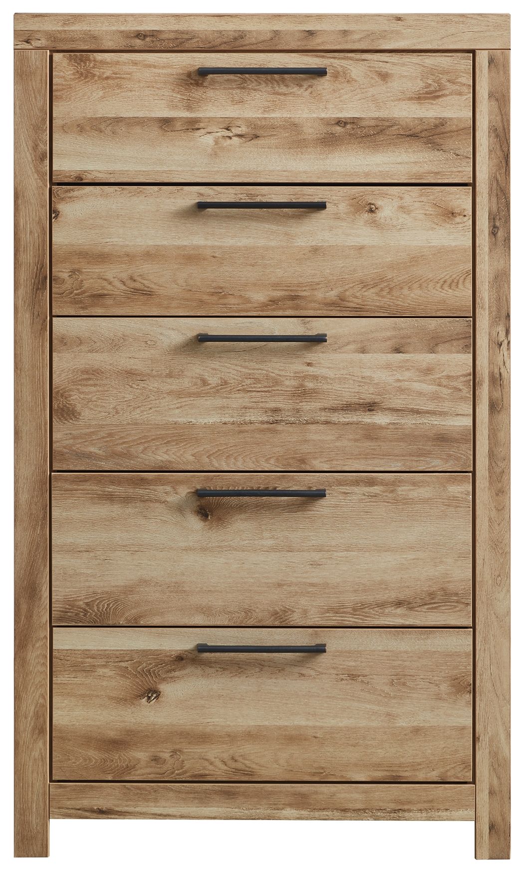 Tan brown five-drawer chest front with five horizontal metal bar pulls