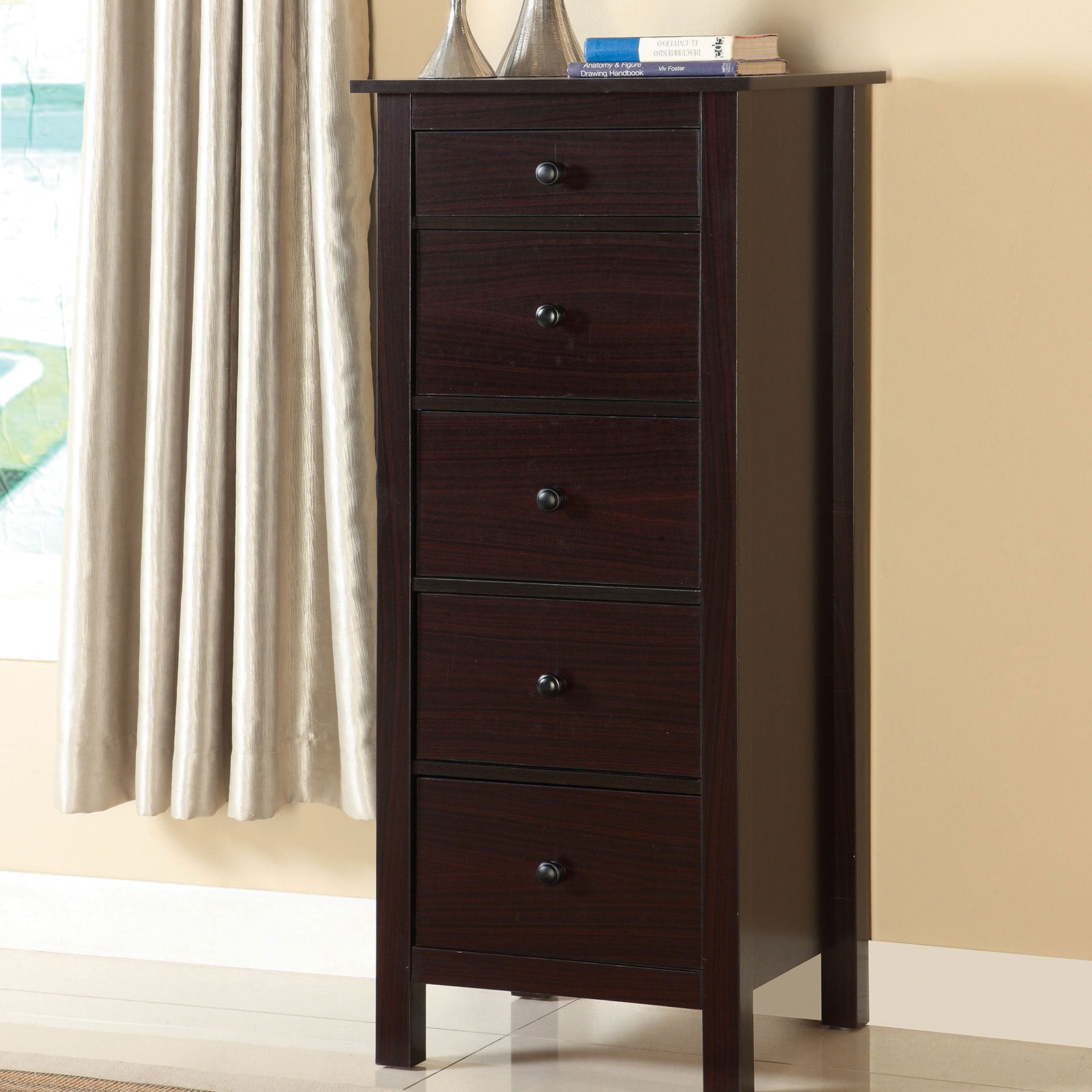 Transitional Espresso Compact 5-Drawer Chest for Small Space