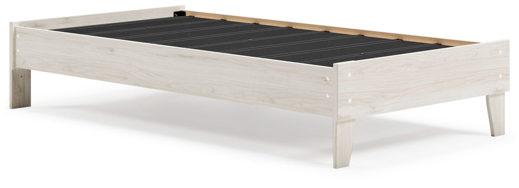 Light wood platform bed frame with black slat support and four tapered legs