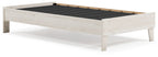 Light wood platform bed frame with black slat support and four tapered legs