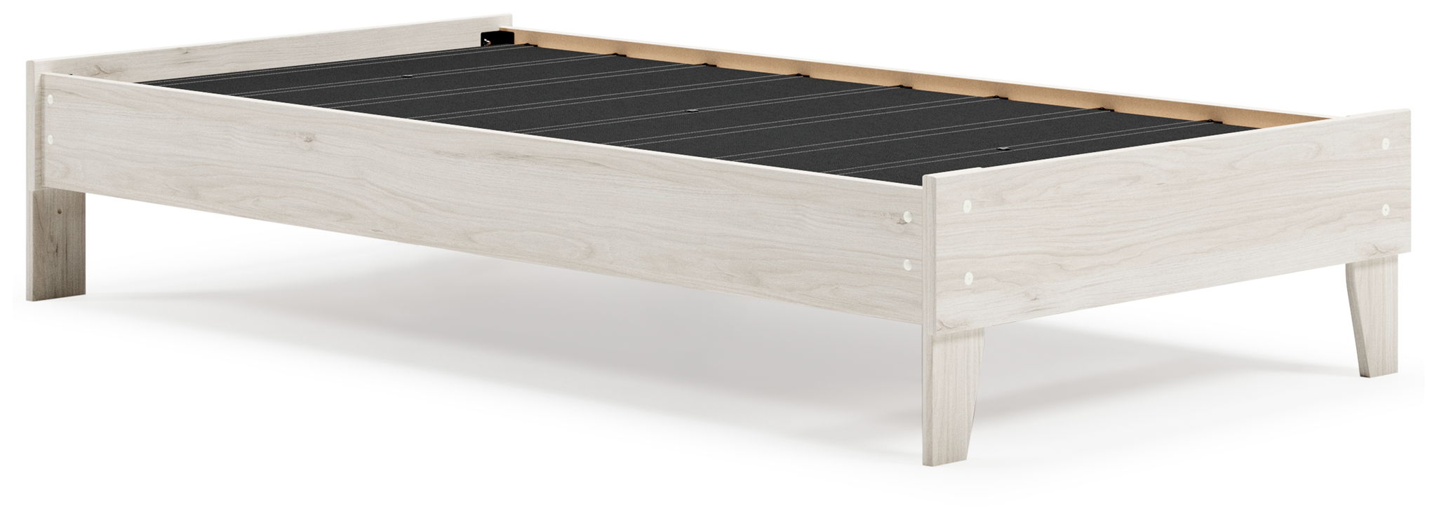 Light wood platform bed frame with black slat support and four tapered legs