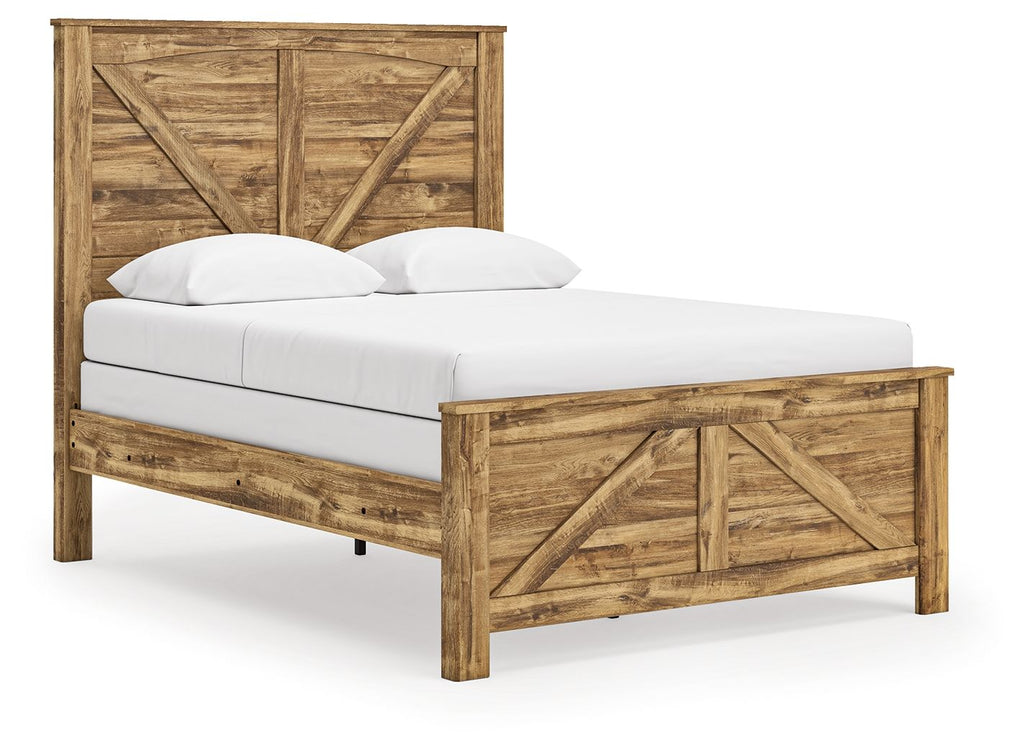 Light brown wooden panel bed frame with crossbuck headboard and footboard