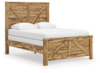 Light brown wooden panel bed frame with crossbuck headboard and footboard