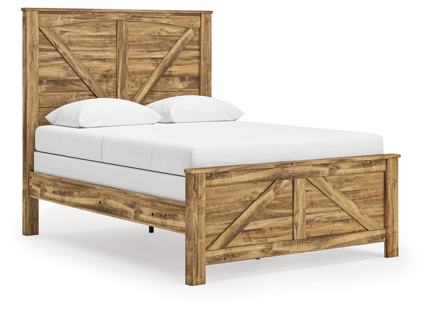Light brown wooden panel bed frame with crossbuck headboard and footboard