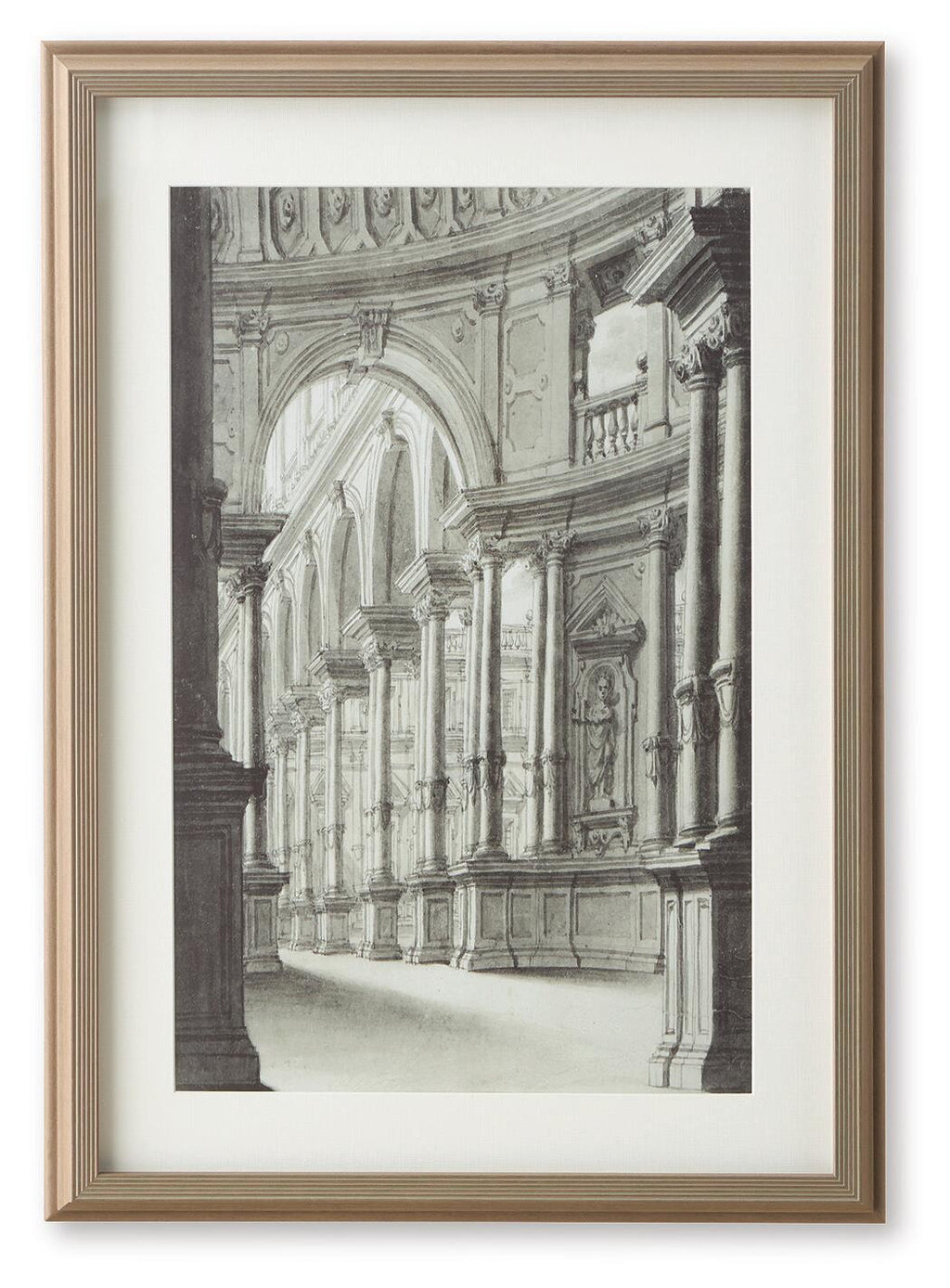 Framed black-and-white architectural wall art print with pale walnut wood frame