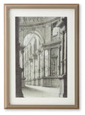 Framed black-and-white architectural wall art print with pale walnut wood frame