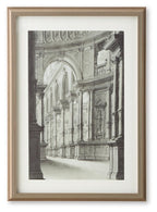 Framed black-and-white architectural wall art print with pale walnut wood frame