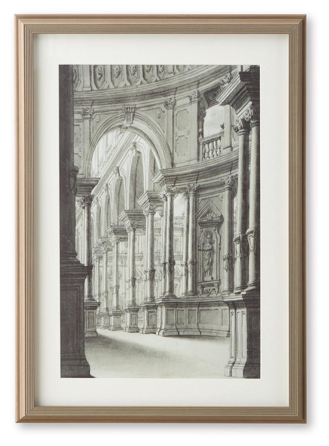 Framed black-and-white architectural wall art print with pale walnut wood frame