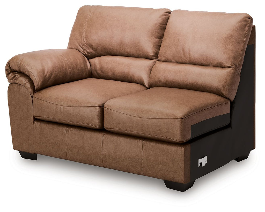 Caramel upholstered loveseat with two back cushions, rolled arms, and box seat