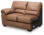 Caramel upholstered loveseat with two back cushions, rolled arms, and box seat