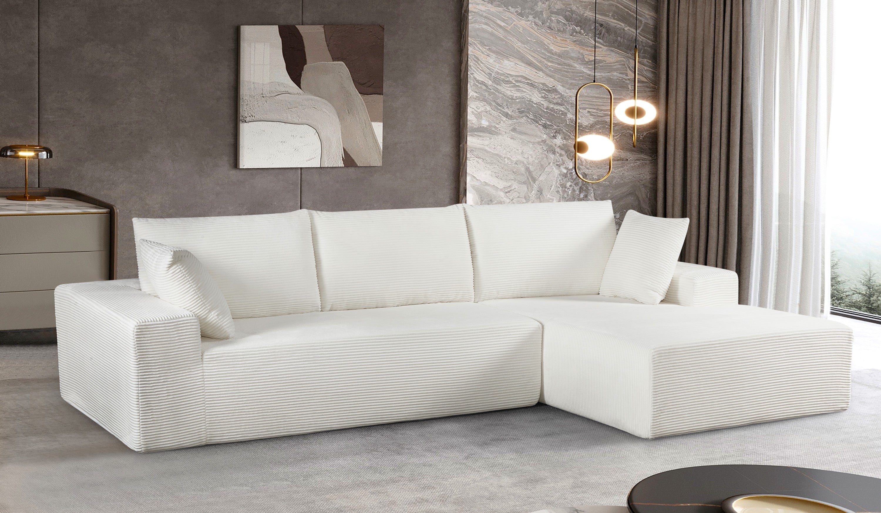 CozyForm Ivory Corduroy Sleeper Sectional Sofa - No Assembly