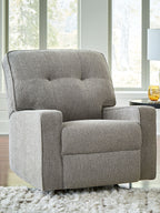 Iron fabric rocker recliner with tufted back and padded arms, front view