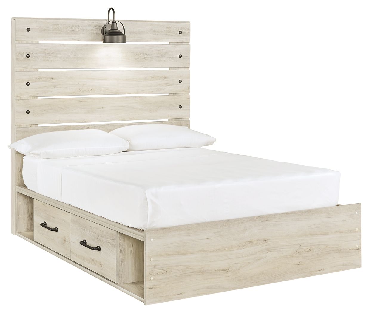 Cambeck panel bed with 2 drawers, beige wood, slatted headboard, white bedding.