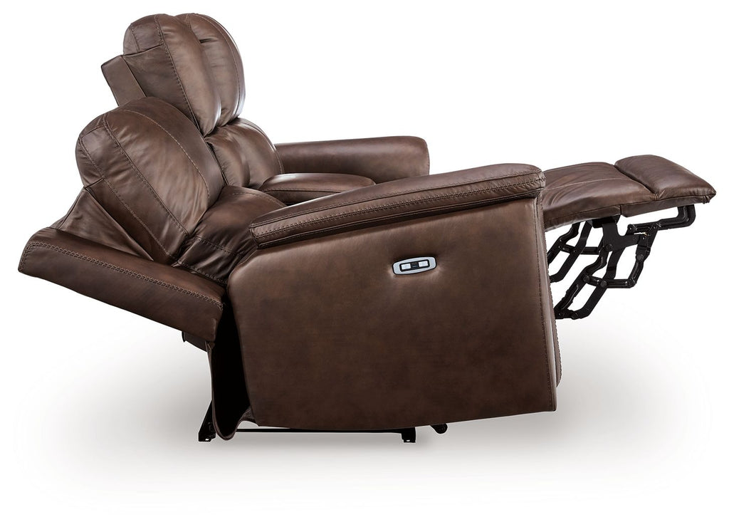 Power reclining loveseat with console, dark brown upholstery with adjustable headrest and recline