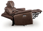 Power reclining loveseat with console, dark brown upholstery with adjustable headrest and recline