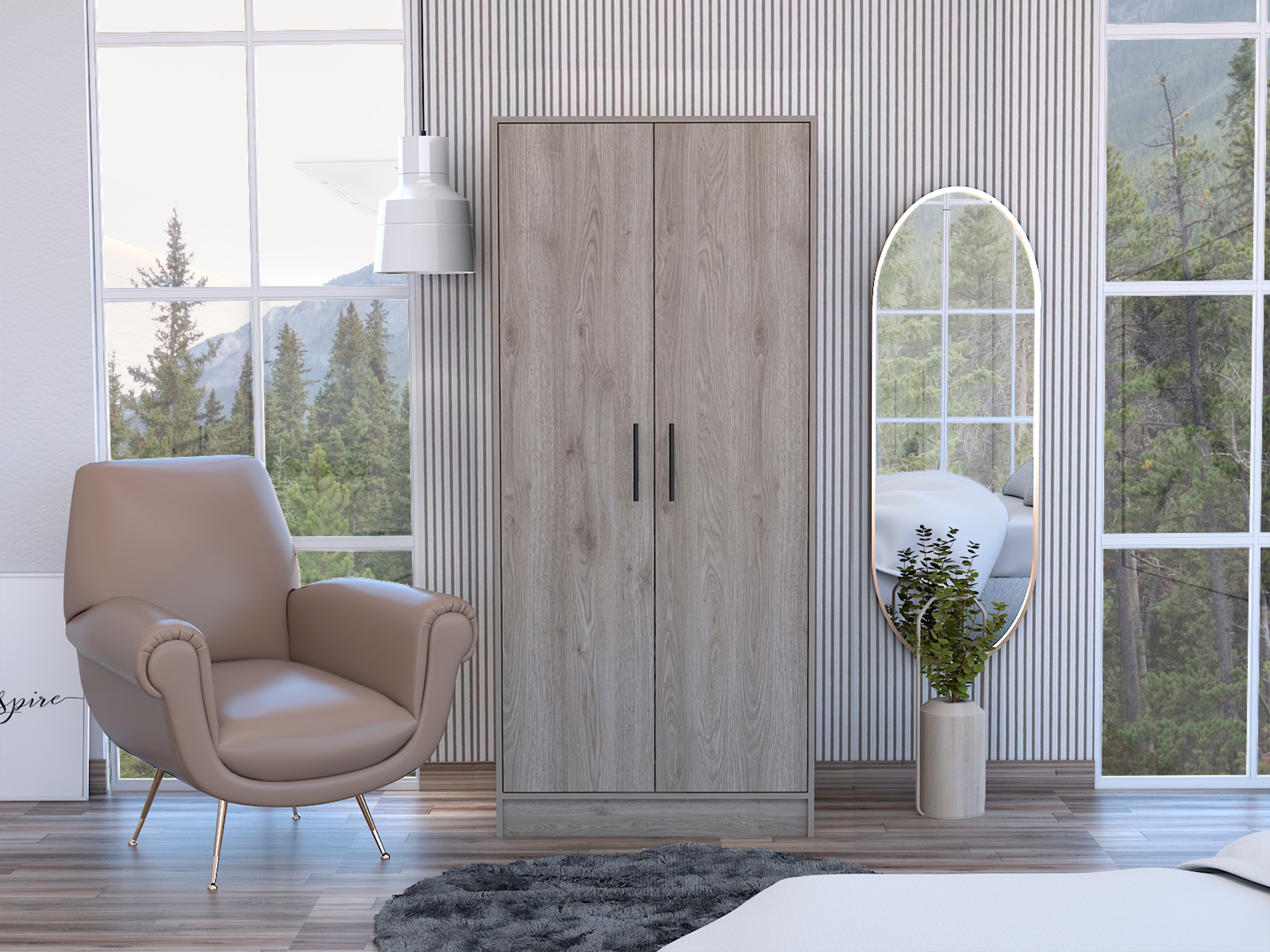 Light Gray Double Door Armoire: 2 Shelves, 1 Drawer, Metal Rod