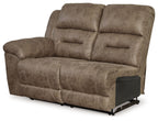 Fossil brown power reclining loveseat, side view with release panel and base