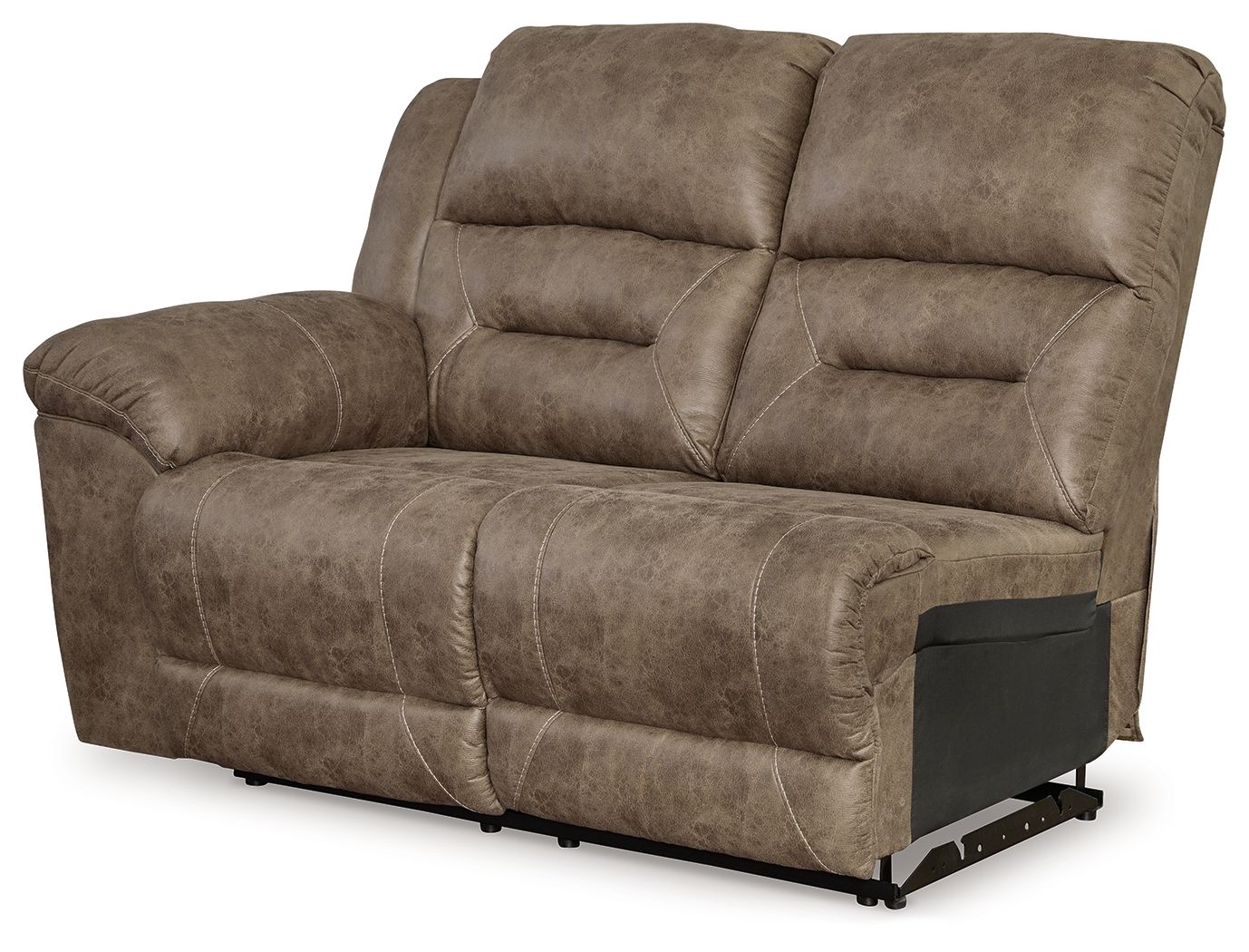 Fossil brown power reclining loveseat, side view with release panel and base