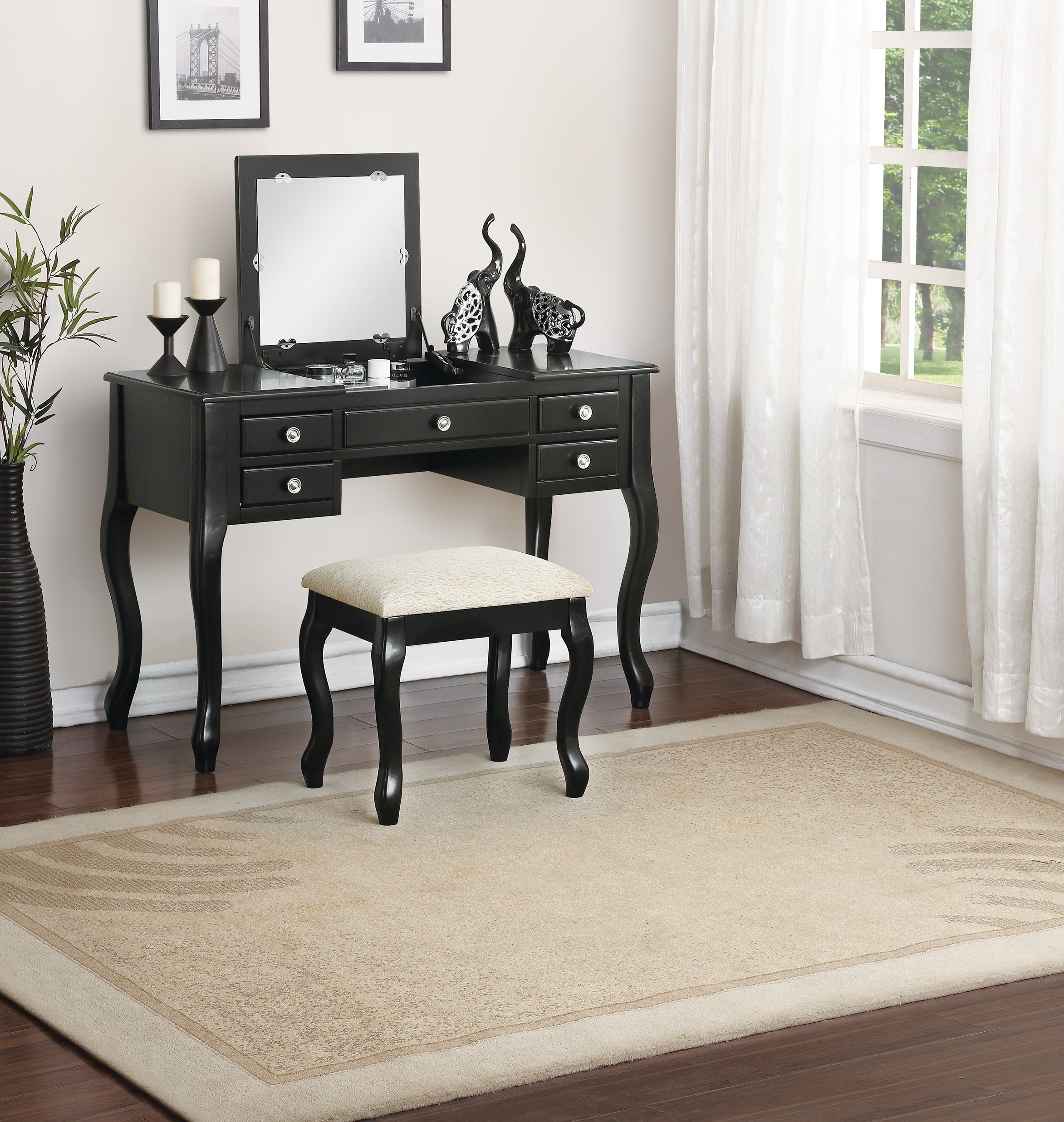 Classic Black Vanity Set w/ Stool, Drawers, Mirror | Bedroom