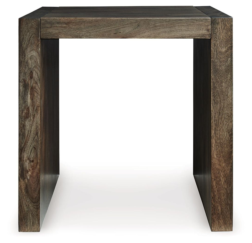 Square end table with straight legs, rustic brown frame, and flat dark tabletop.