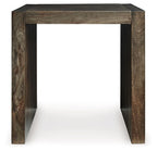 Square end table with straight legs, rustic brown frame, and flat dark tabletop.