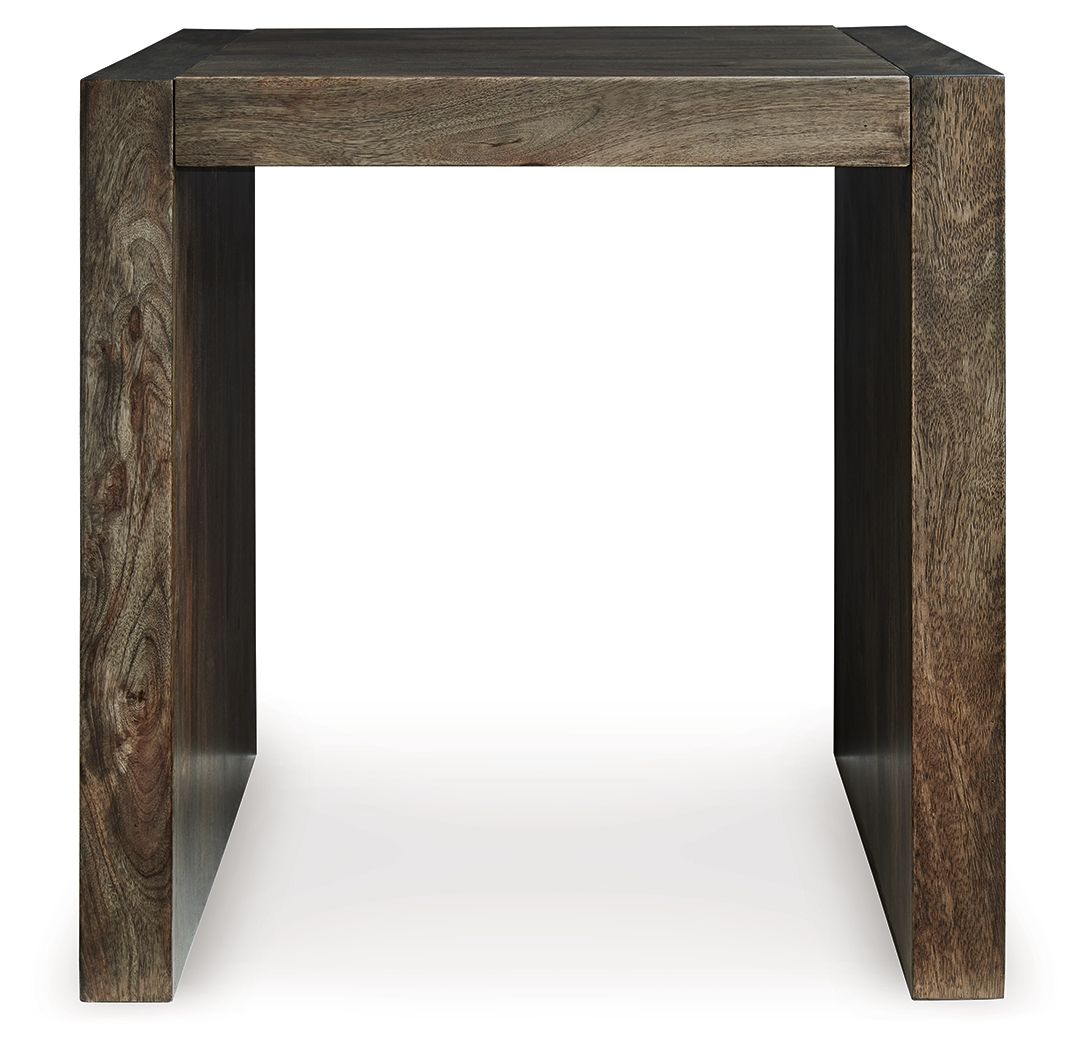 Square end table with straight legs, rustic brown frame, and flat dark tabletop.