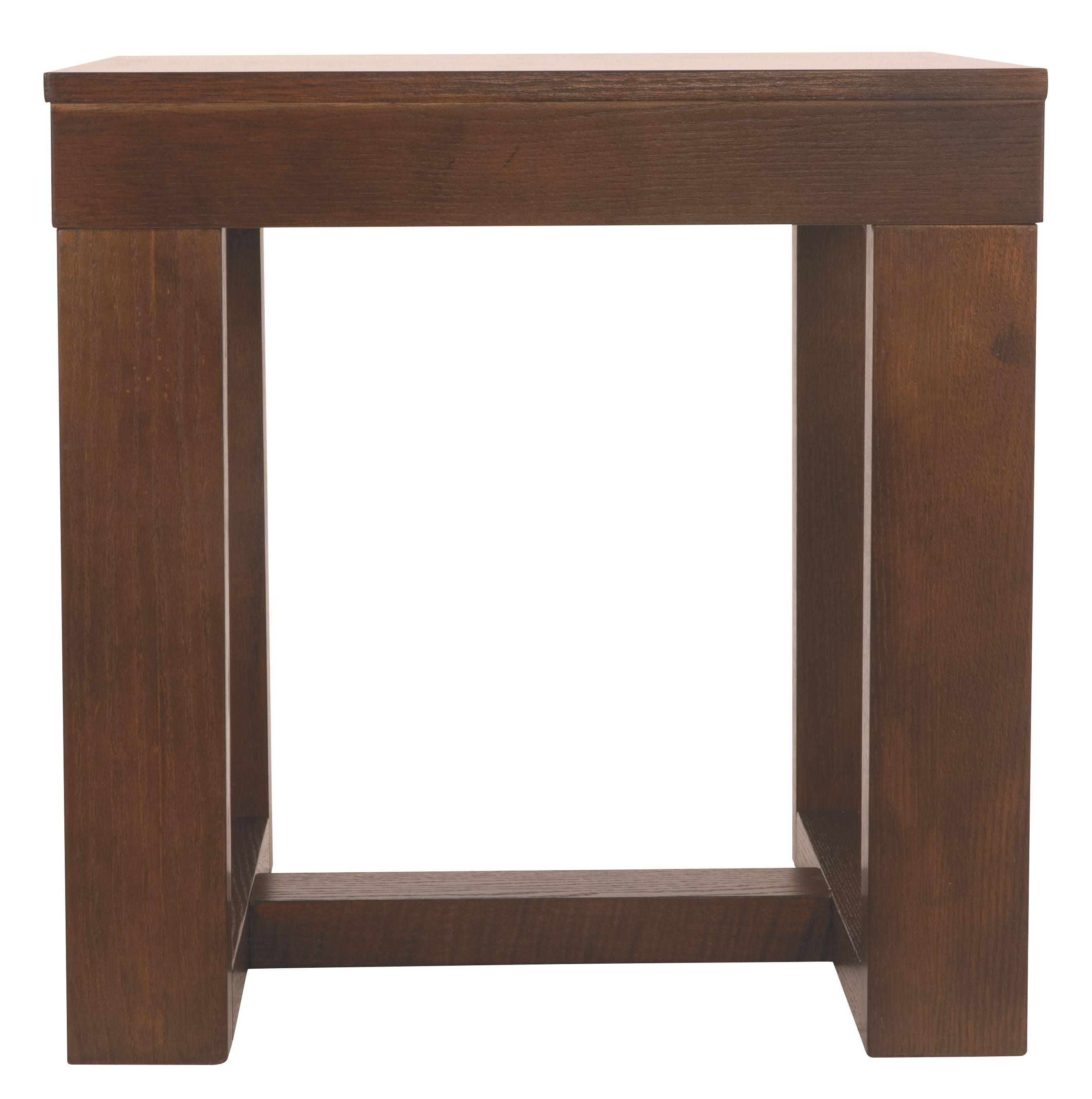 Square end table in dark brown wood with lower shelf panel